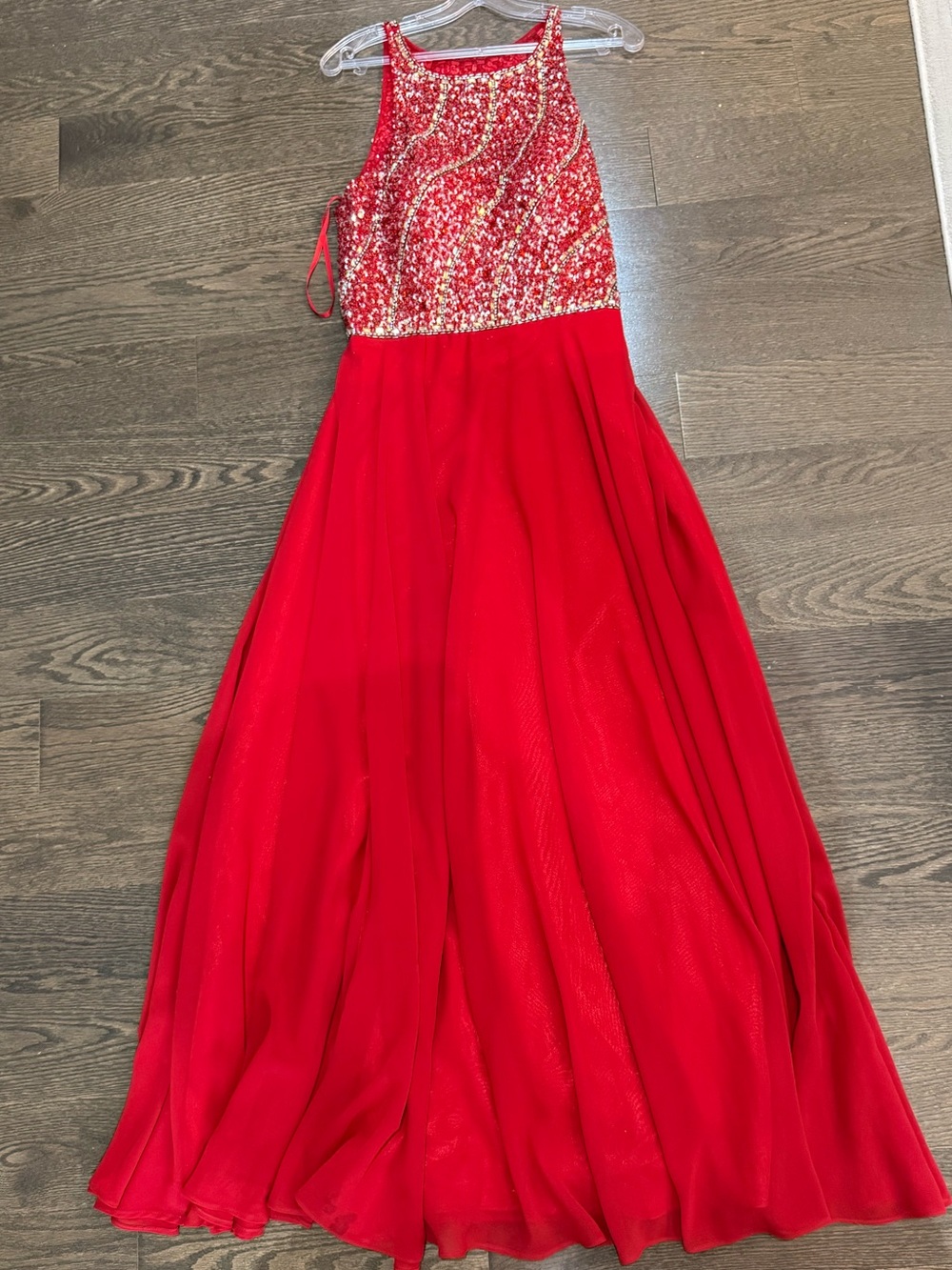 Red Embellished Halter Evening Gown